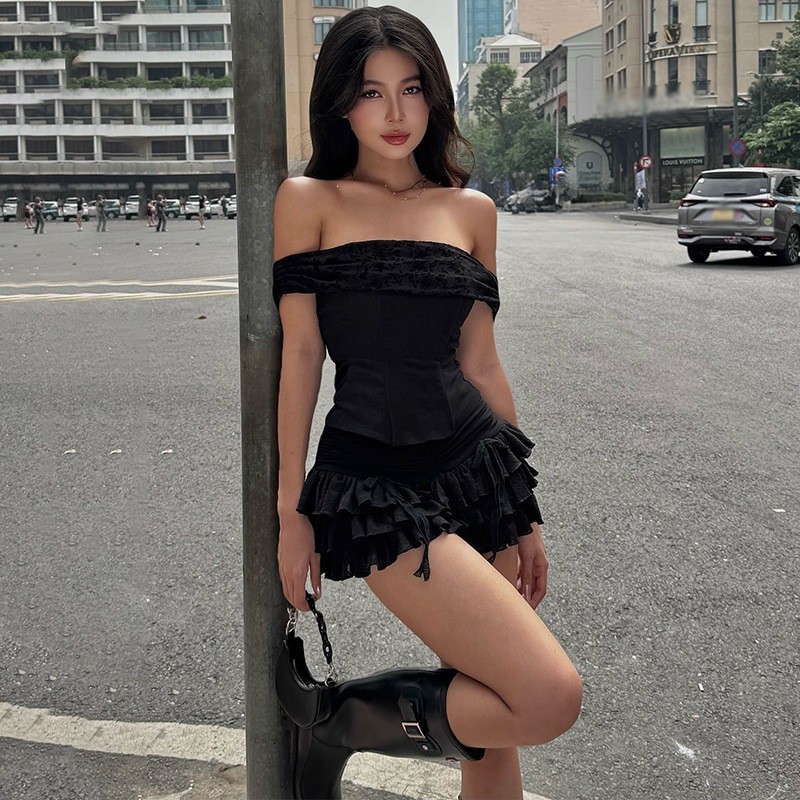 ins欧美风2026夏季新款性感一字肩抹胸上衣拼荷叶边半身裙套装女