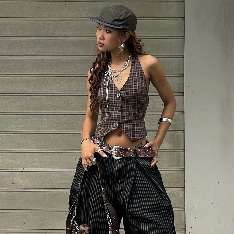 ins欧美女装2026夏季新款街头辣妹复古格子开衫纽扣挂脖背心上衣