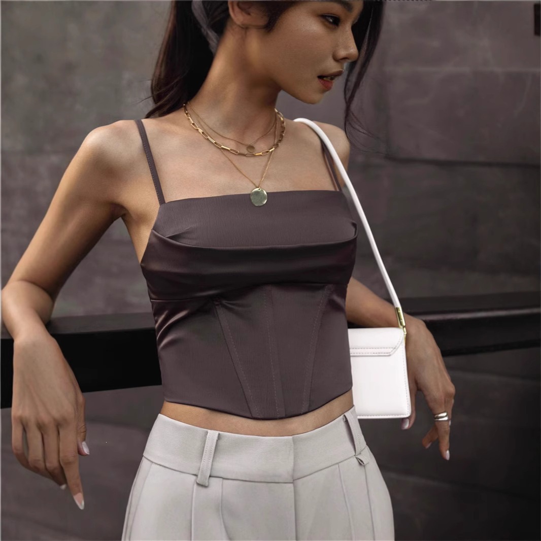 性感缎面鱼骨抹胸上衣2026辣妹女夏后背系带露脐束腰纯欲吊带背心