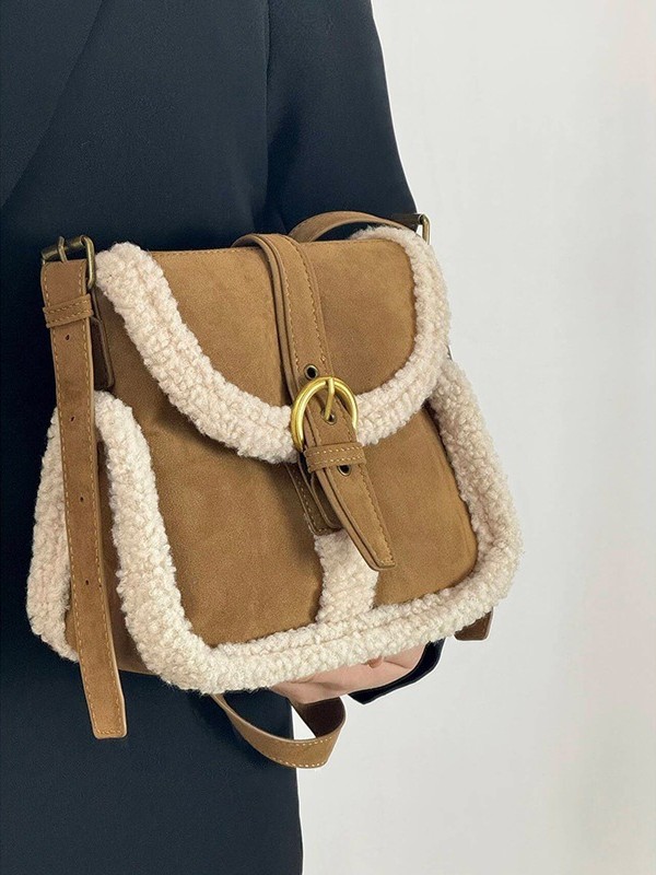 Fall/Winter New Fleece Patchwork Crossbody Bag Fashion Vintage Commuter Shoulder Bag Casual Minimalist Plush Shoulder Bag